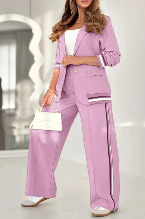 2025 European and American independent station fashion new solid color temperament commuter ribbed 2-piece suit