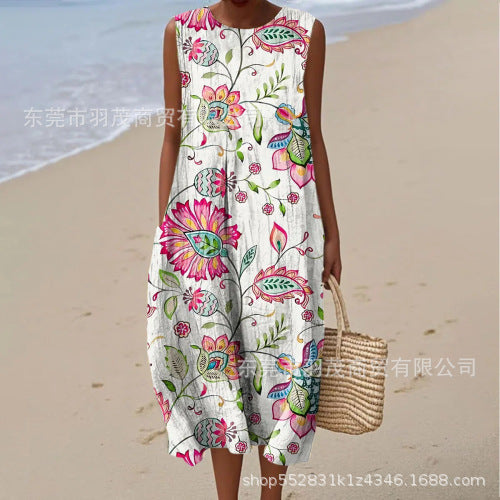 2025 European and American spring and summer new sleeveless casual printed temperament long skirt dress slim small fresh casual skirt