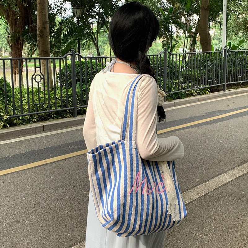 New canvas bag original large capacity blue striped letter printing casual all-match tote bag women