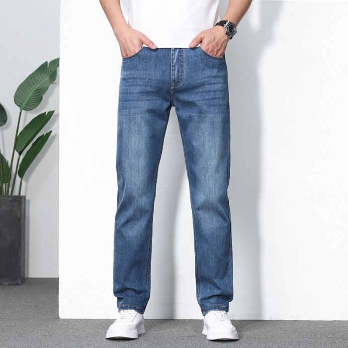 2025 new high-end stretch summer thin jeans men's loose straight ice silk casual large size long pants