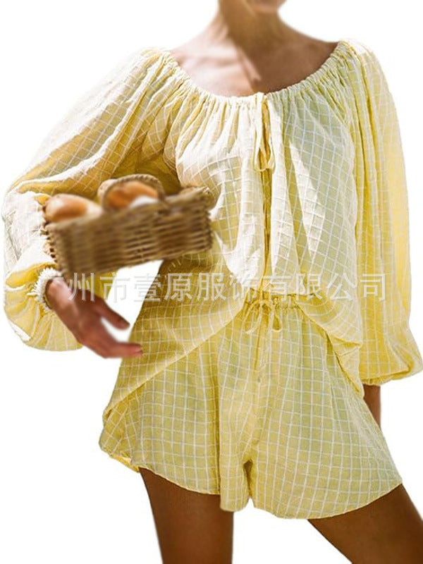 Cross-border European and American 2025 summer new round neck long-sleeved shirt shorts two-piece plaid shirt suit