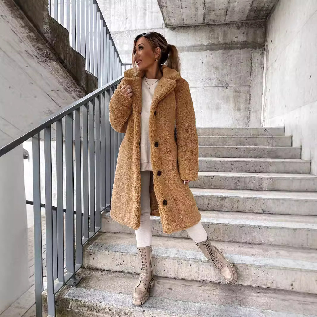 2025 Autumn and Winter European and American Cross-border Women's Clothing Hot Style Furry Long Sleeve Lapel Women's Plush Top Long Coat