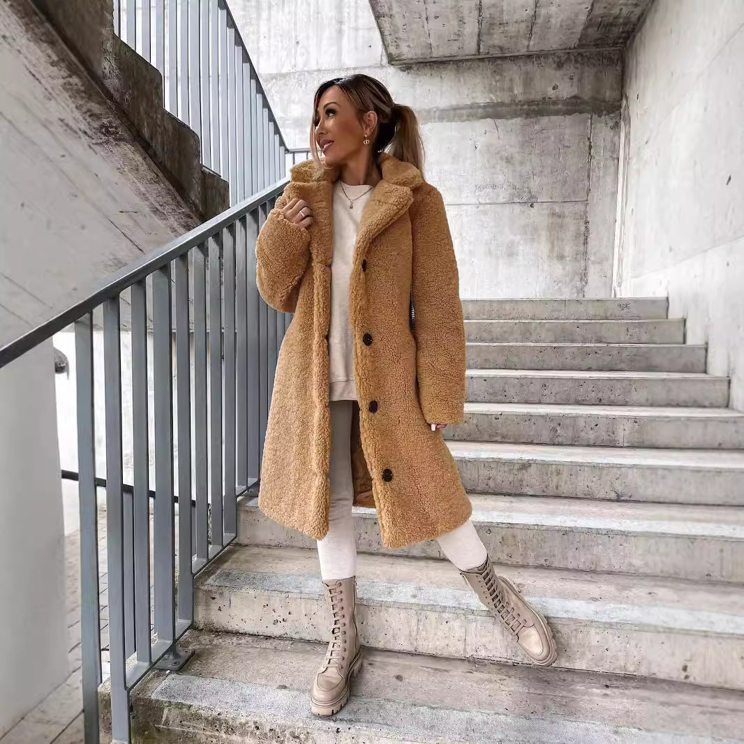 2025 Autumn and Winter European and American Cross-border Women's Clothing Hot Style Furry Long Sleeve Lapel Women's Plush Top Long Coat