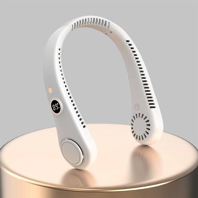 Cross-border new leafless neck hanging fan USB charging portable lazy number display sports folding mini electric fan