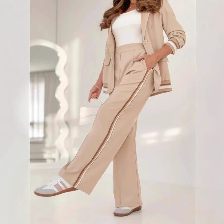 2025 European and American independent station fashion new solid color temperament commuter ribbed 2-piece suit