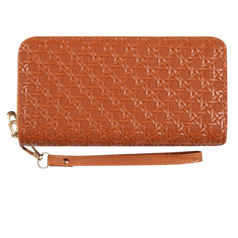 Foreign trade-specific wallet for women, long woven pattern double zipper large capacity clutch bag, multifunctional patent leather mobile phone bag for women