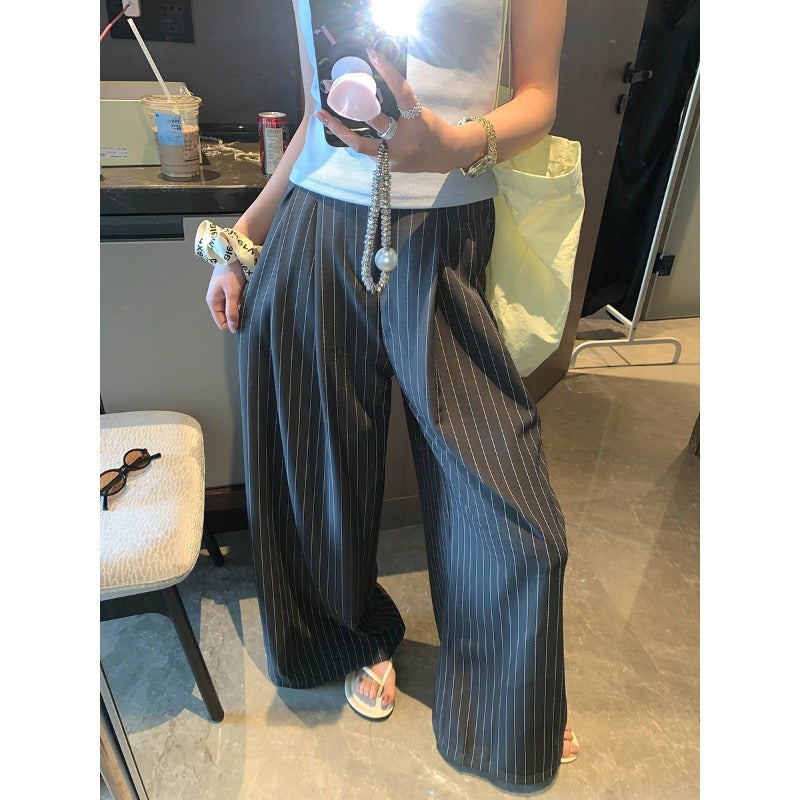 Moqie high-end commuter style Laoqian drape high waist slim casual striped suit wide leg pants MQ0488