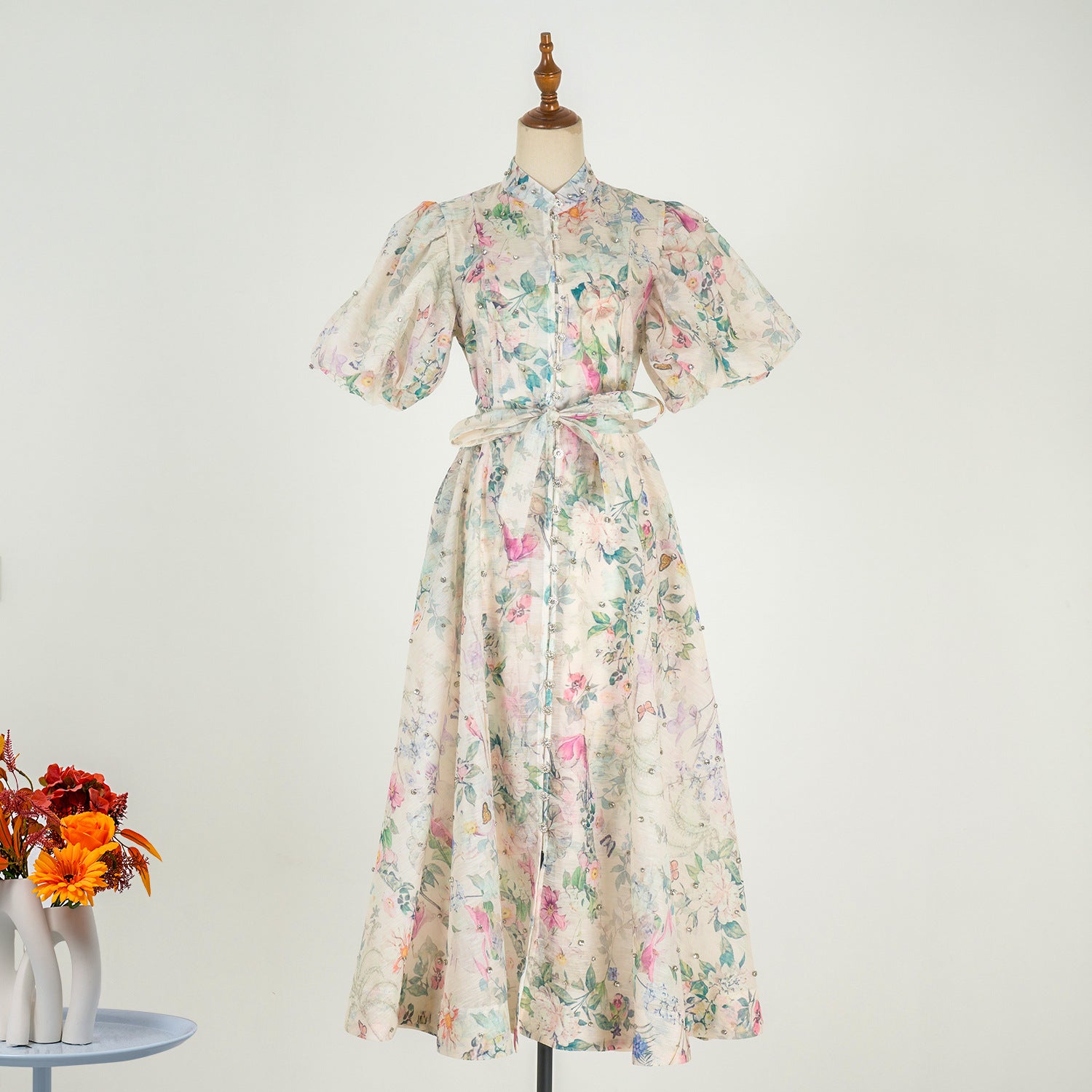 European and American cross-border summer palace style high-end design heavy-duty rhinestone short-sleeved single-breasted dress with suspenders