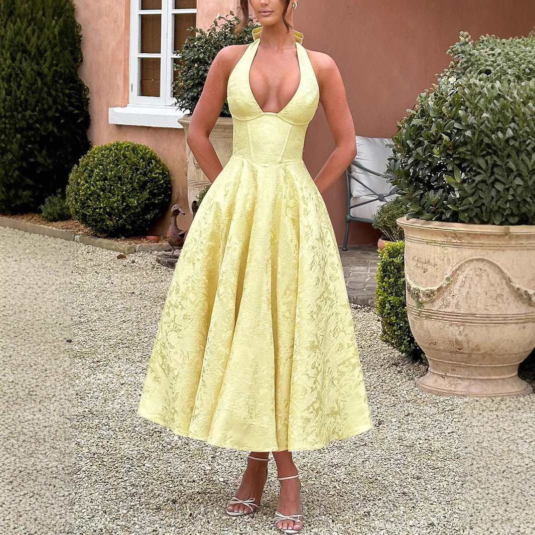 European and American cross-border V-neck halter neck jacquard dress high-end evening dress spring and summer temperament sleeveless backless waist long dress