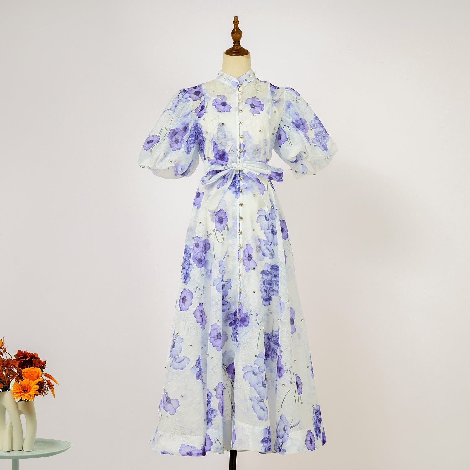 European and American cross-border summer palace style high-end design heavy-duty rhinestone short-sleeved single-breasted dress with suspenders