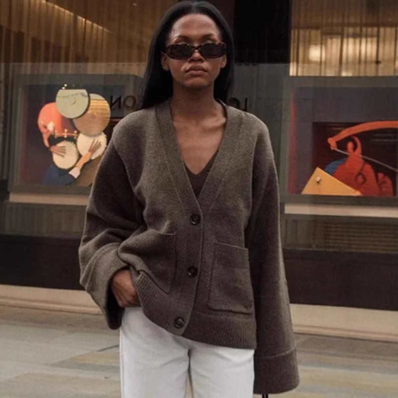 2025 Spring and Summer Cross-border Foreign Trade Spot Casual Versatile Solid Color V-neck Knitted Jacket