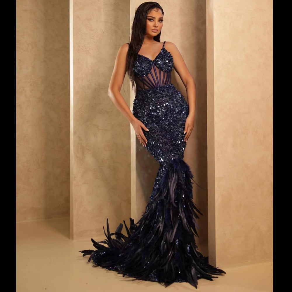 European and American glitter sexy perspective gorgeous feather skirt suspender dress luxury party dinner dress
