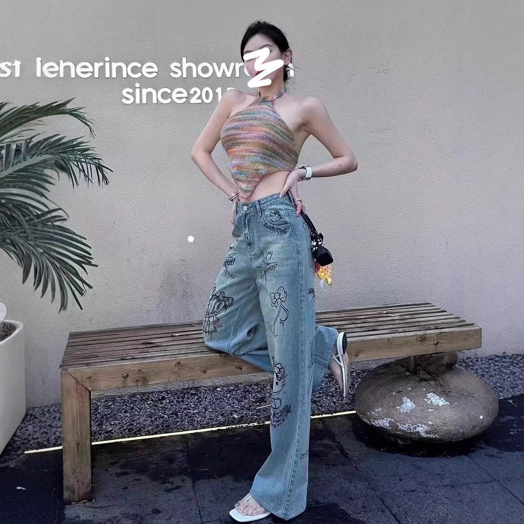 Large size retro graffiti print jeans for women spring design high waist slim straight hot diamond wide leg pants trendy