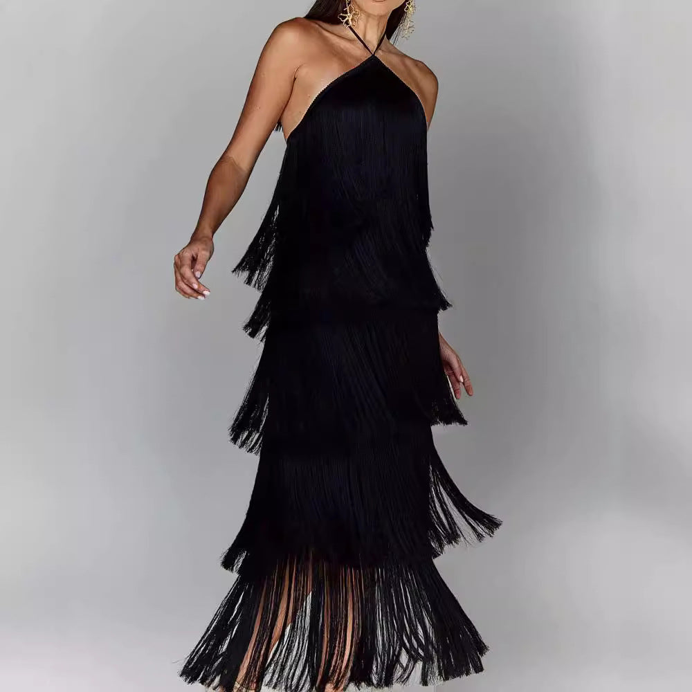 2025 European and American cross-border fashion halter neck tassel backless slit dress