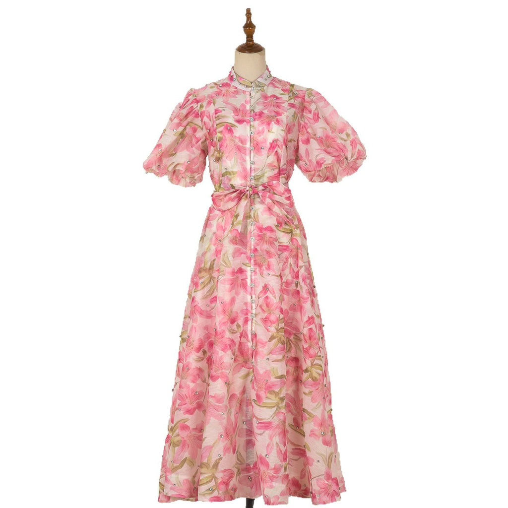 European and American cross-border summer palace style high-end design heavy-duty rhinestone short-sleeved single-breasted dress with suspenders