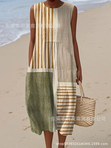 2025 European and American spring and summer new sleeveless casual printed temperament long skirt dress slim small fresh casual skirt