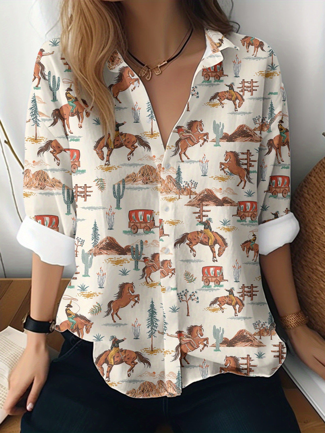 Cat cross-border European and American women's 3D printed floral pattern long-sleeved shirt women's fashion tops