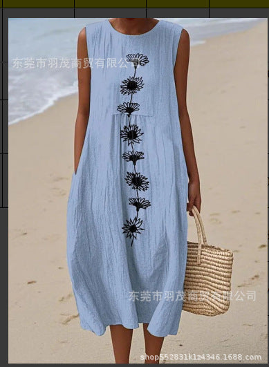 2025 European and American spring and summer new sleeveless casual printed temperament long skirt dress slim small fresh casual skirt