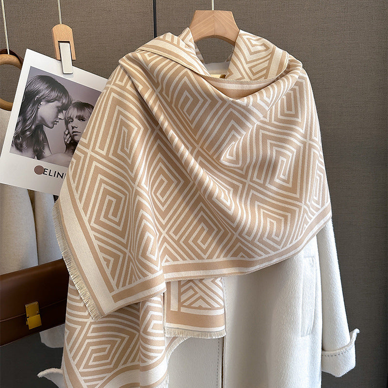 autumn and winter new Korean style geometric warm autumn and winter scarf female student neck scarf temperament shawl outer wear imitation cashmere