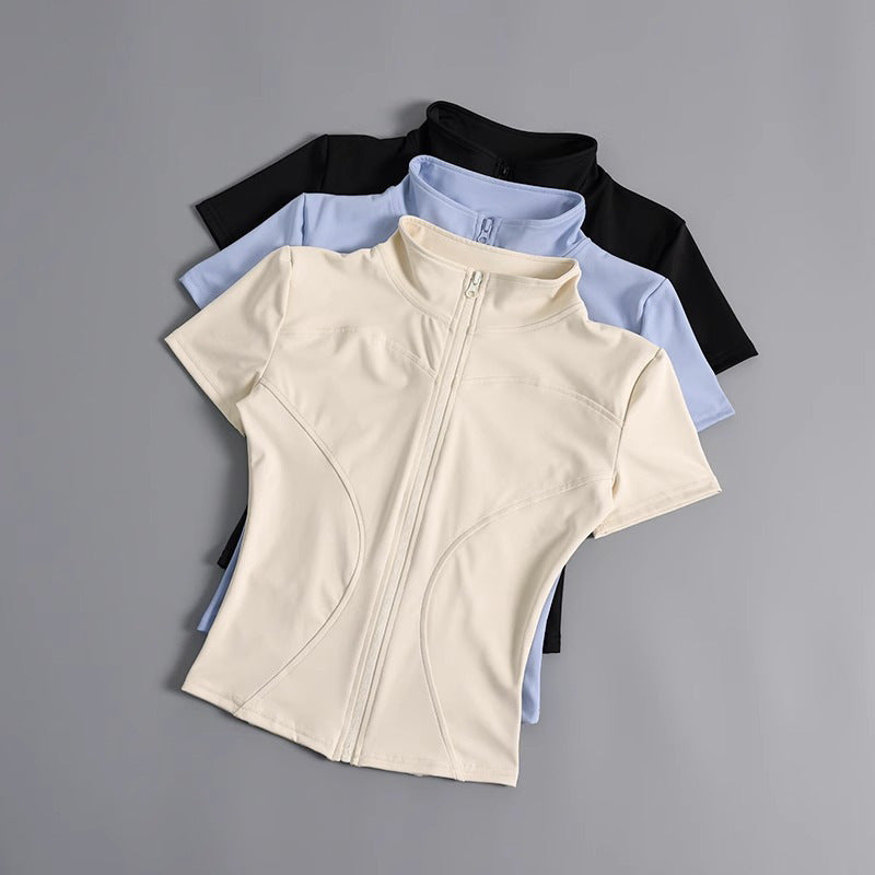 High elastic yoga short-sleeved jacket stand collar zipper tight running sports jacket quick-drying nude fitness short-sleeved women summer