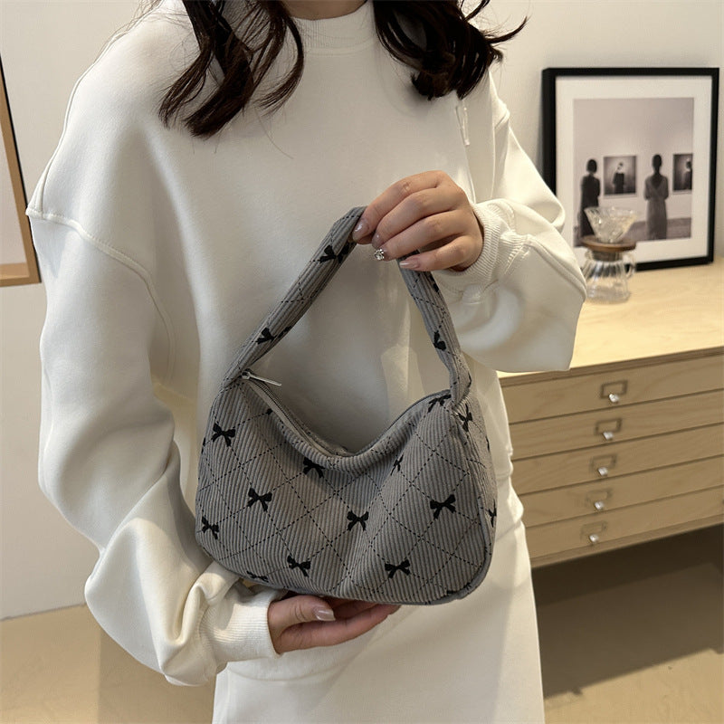 Corduroy fashion handbag cloth bag women's bag new autumn underarm bag bow print simple fashion shoulder bag
