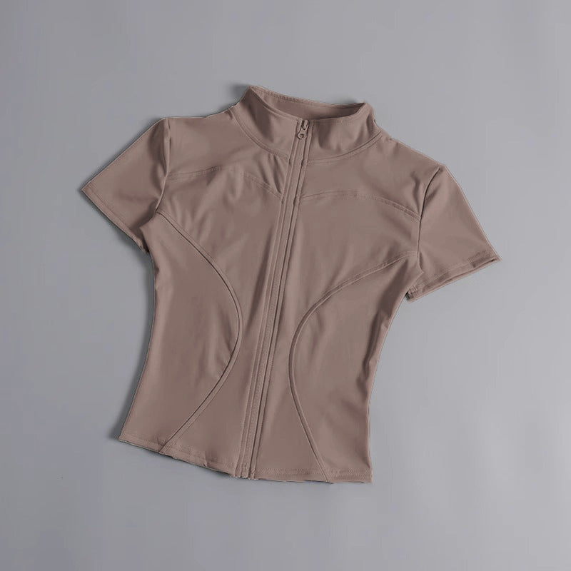High elastic yoga short-sleeved jacket stand collar zipper tight running sports jacket quick-drying nude fitness short-sleeved women summer