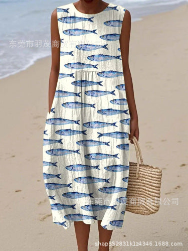 2025 European and American spring and summer new sleeveless casual printed temperament long skirt dress slim small fresh casual skirt