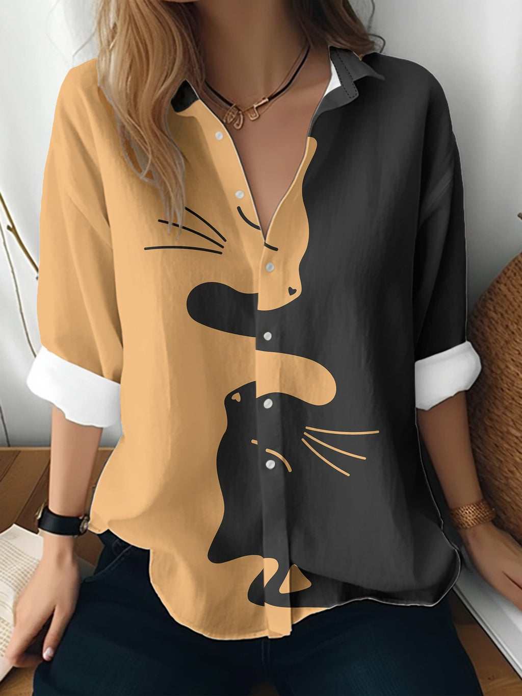 Cat cross-border European and American women's 3D printed floral pattern long-sleeved shirt women's fashion tops