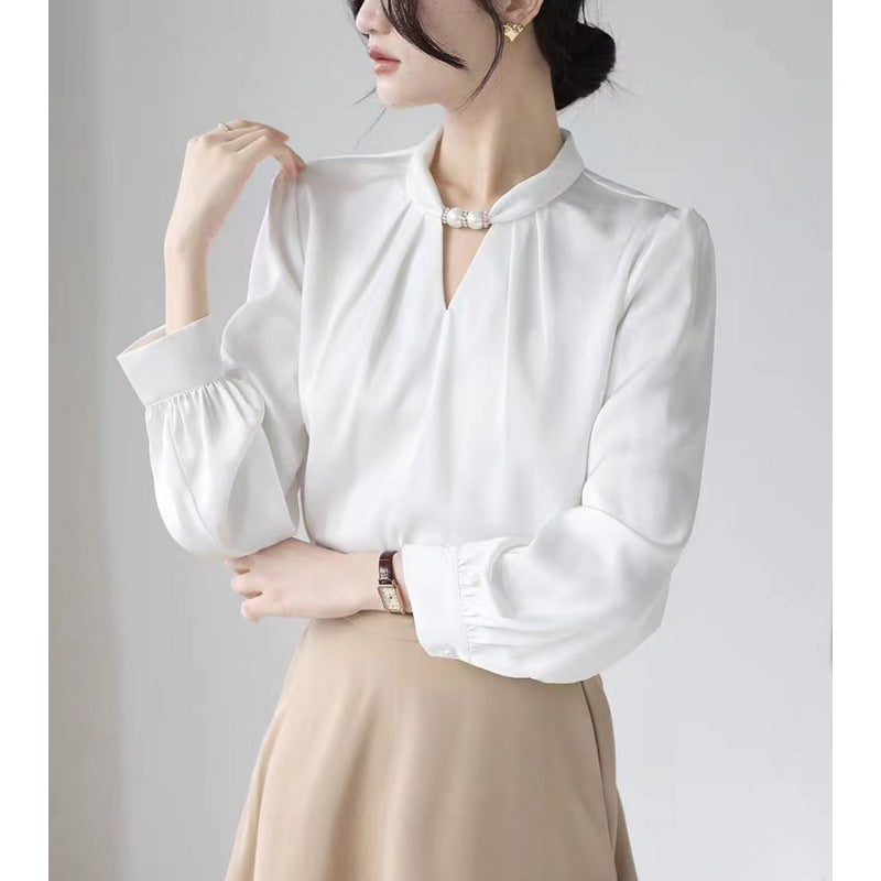 French niche halter neck stand collar beaded shirt female 2025 spring new style pullover satin temperament commuter professional top