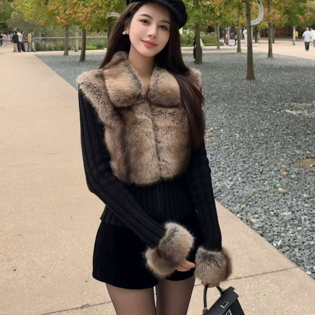 iamgi@Environmentally friendly fur patchwork coat female fake two-piece hot girl lapel zipper warm knit sweater cardigan