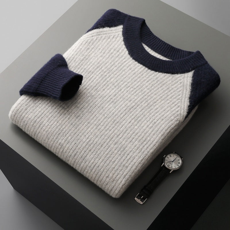 Autumn and winter new wool sweater men's color matching round neck Yuanbao needle thickened youth fashion casual knitted wool bottom