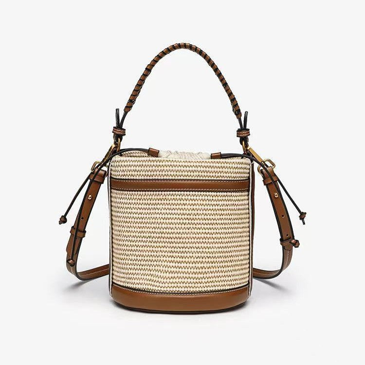 ZA cross-border women's bag 2025 new brown double handle cylindrical hand-held crossbody bucket bag cylindrical shoulder bag