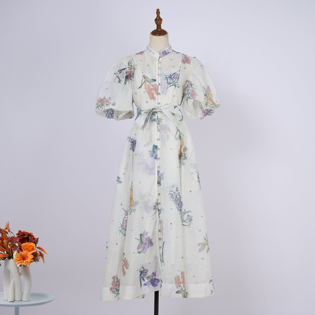 European and American cross-border summer palace style high-end design heavy-duty rhinestone short-sleeved single-breasted dress with suspenders