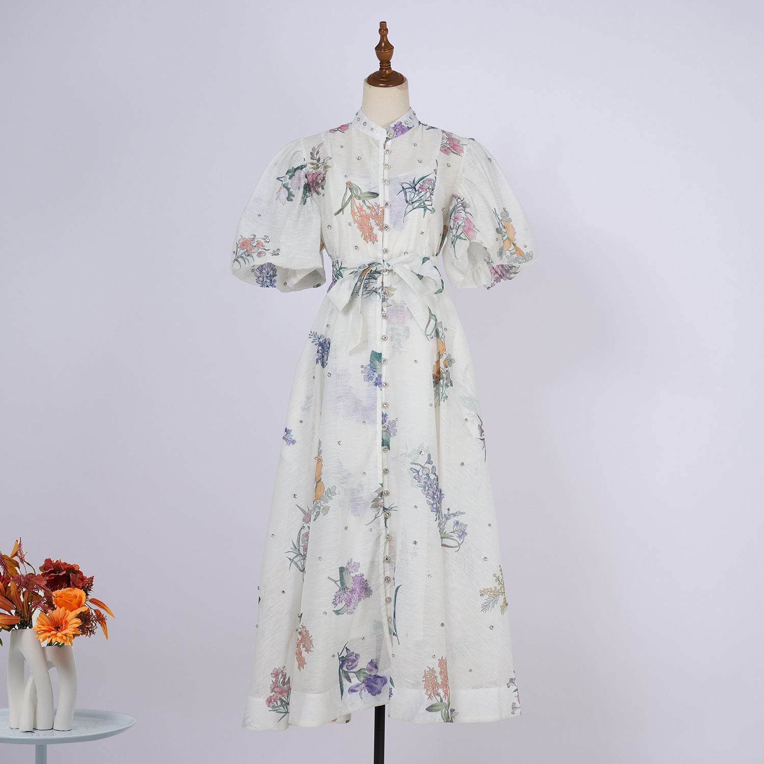 European and American cross-border summer palace style high-end design heavy-duty rhinestone short-sleeved single-breasted dress with suspenders