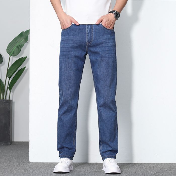 2025 new high-end stretch summer thin jeans men's loose straight ice silk casual large size long pants