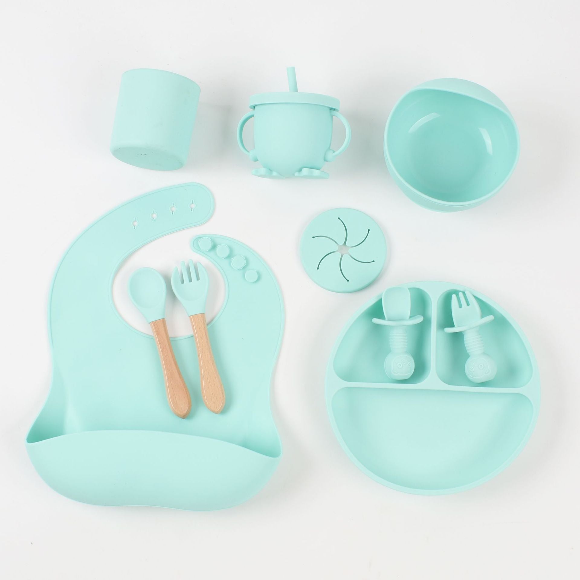 Silicone dinner plate, baby bib, baby tableware set, shatter-resistant cup feeding set, baby supplies 10-piece set