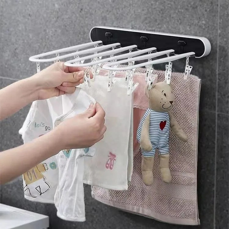 Folding clothes drying rack, punch-free, 24-clip windproof folding sock rack for underwear, balcony and bathroom, multi-clip sock rack