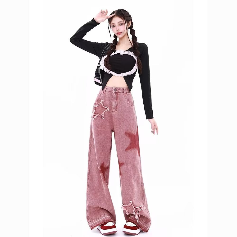 American retro star embroidered jeans for women early autumn new dopamine wear high waist loose wide leg pants