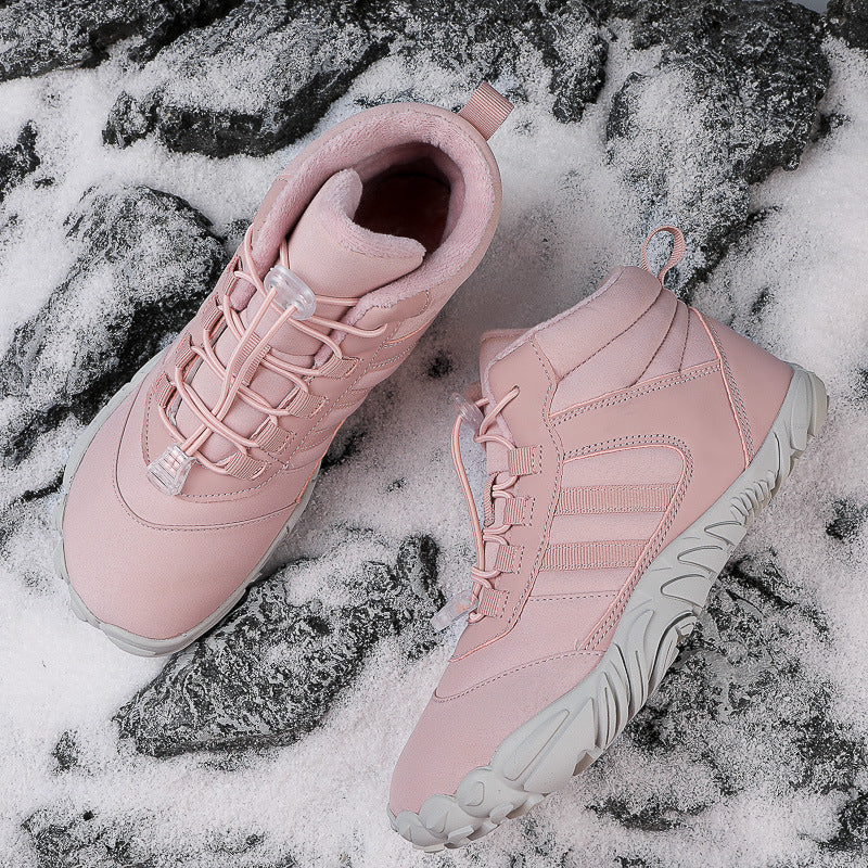 Cross-border new winter cotton boots men's casual barefoot cotton shoes women's plus velvet thickened snow boots couple warm hiking shoes