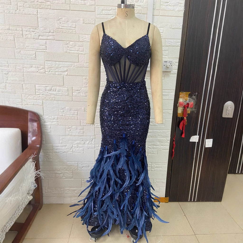 European and American glitter sexy perspective gorgeous feather skirt suspender dress luxury party dinner dress