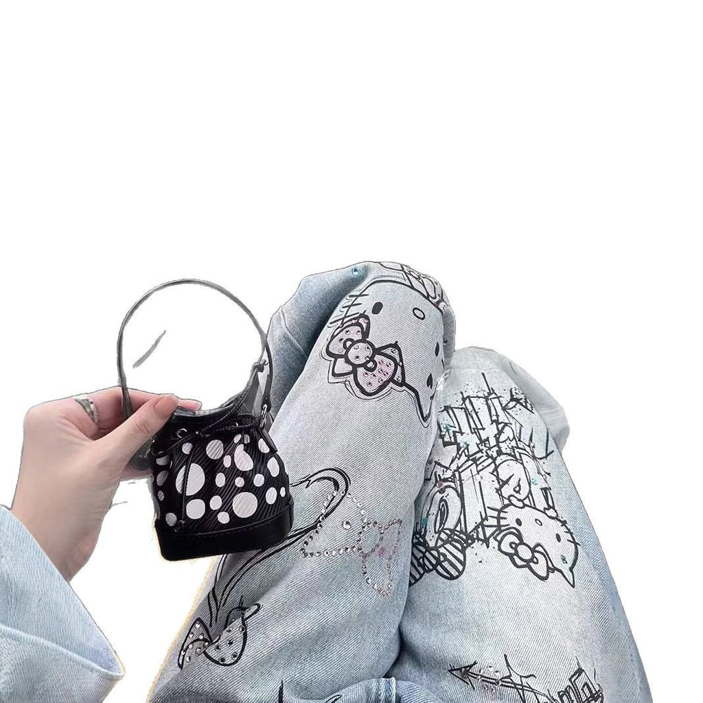 Large size retro graffiti print jeans for women spring design high waist slim straight hot diamond wide leg pants trendy