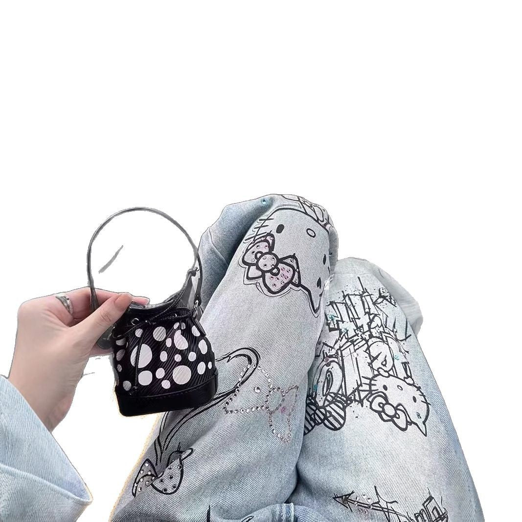 Large size retro graffiti print jeans for women spring design high waist slim straight hot diamond wide leg pants trendy