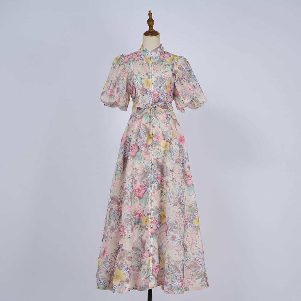 European and American cross-border summer palace style high-end design heavy-duty rhinestone short-sleeved single-breasted dress with suspenders