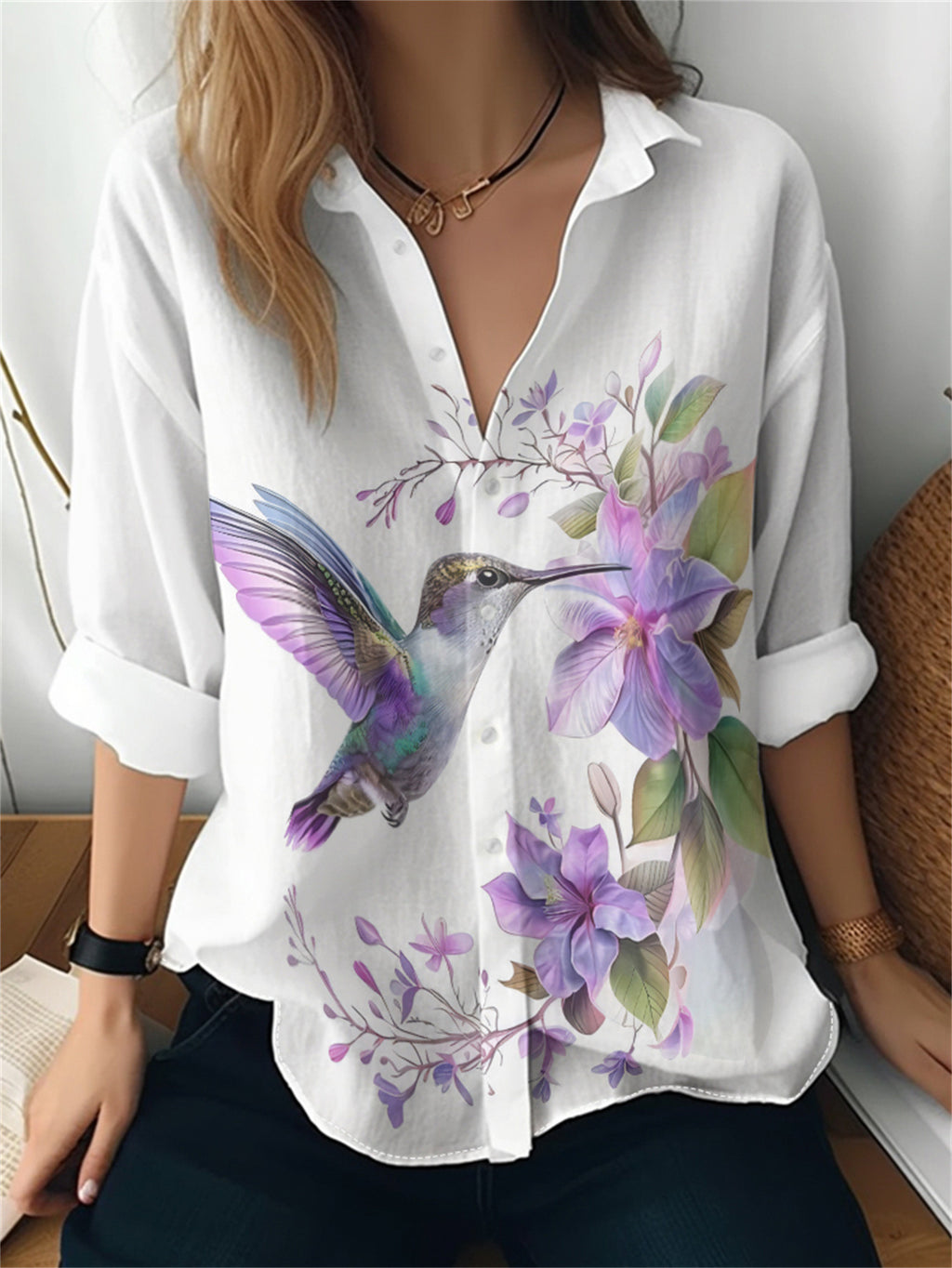 Cat cross-border European and American women's 3D printed floral pattern long-sleeved shirt women's fashion tops