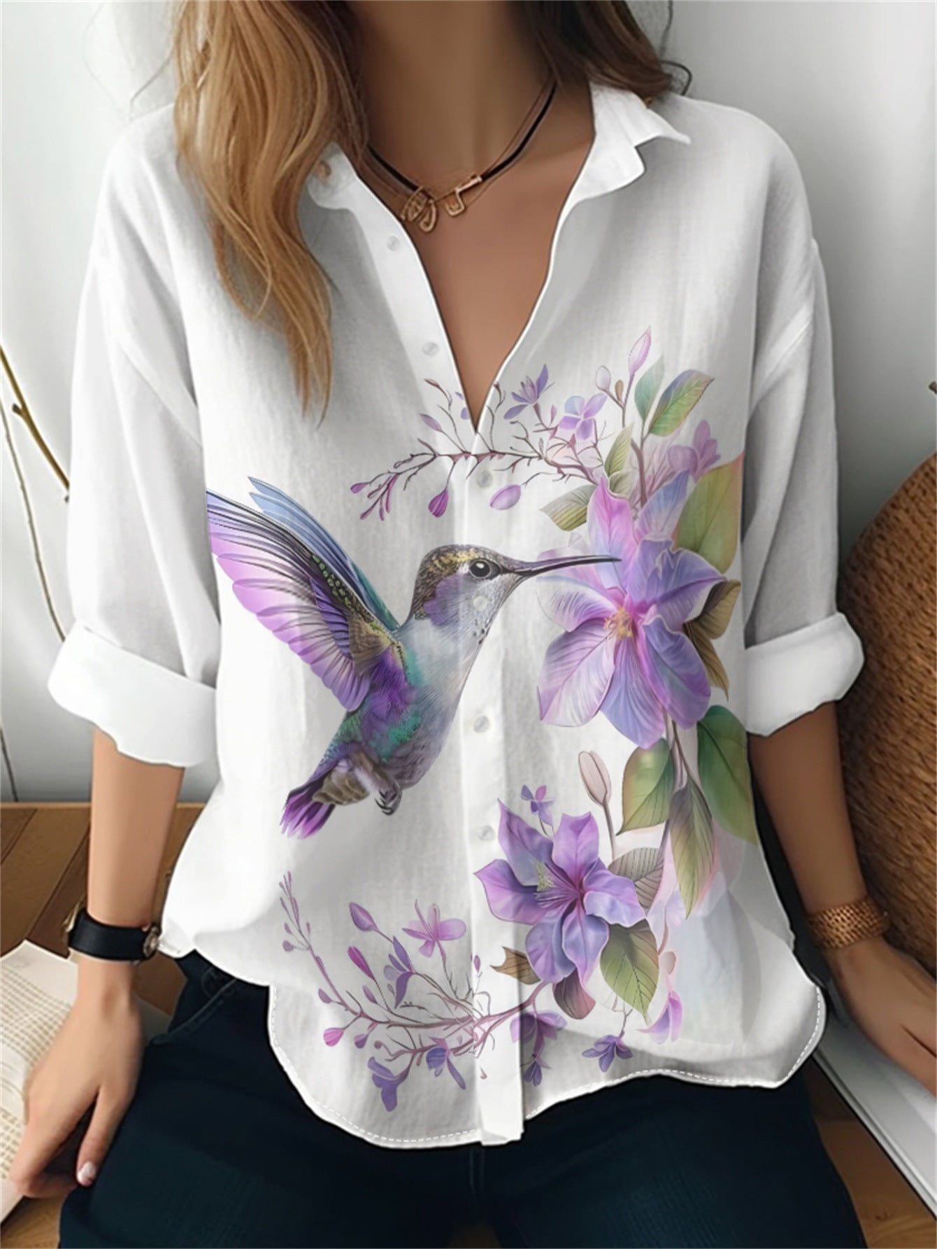 Cat cross-border European and American women's 3D printed floral pattern long-sleeved shirt women's fashion tops