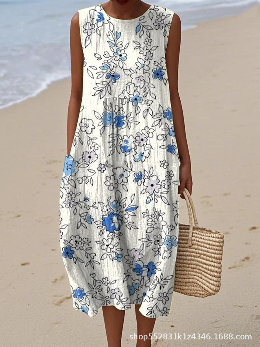 2025 European and American spring and summer new sleeveless casual printed temperament long dress slim small fresh casual dress