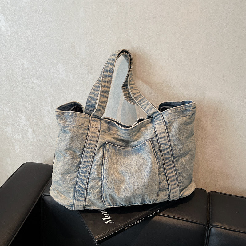 Street fashion new denim tote bag women's fashionable simple versatile shoulder bag travel leisure messenger bag