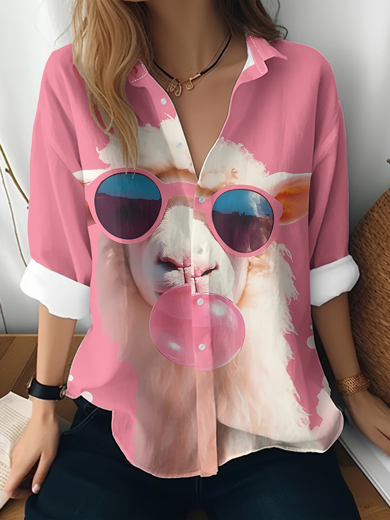 Cat cross-border European and American women's 3D printed floral pattern long-sleeved shirt women's fashion tops