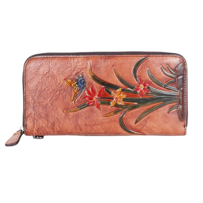 New style first layer cowhide bag retro style multi-card slot long wallet embossed color factory direct supply one piece dropshipping