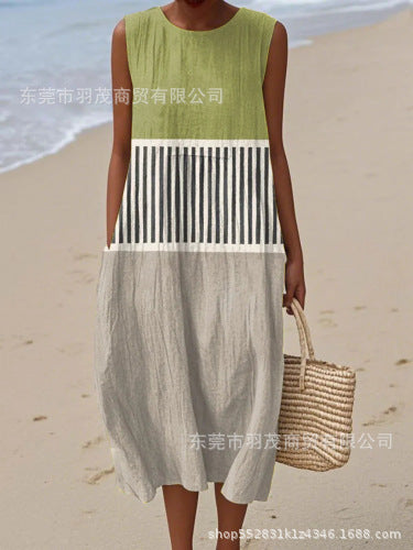2025 European and American spring and summer new sleeveless casual printed temperament long skirt dress slim small fresh casual skirt